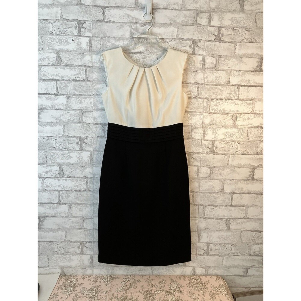 Tahari ASL Career Dress Size 4 Black Ivory Color Block Sleeveless Pleated Waist